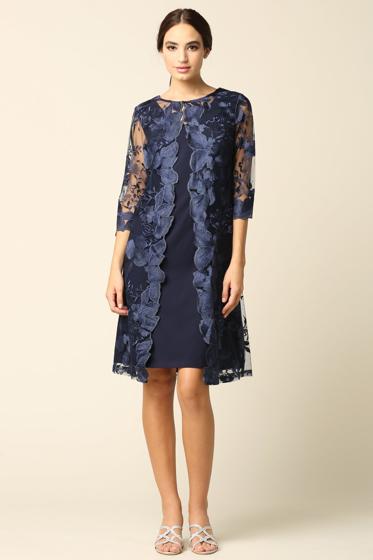 navy blue shift dress and jacket CB Elegant Shift Dress w/Sheer Jacket 2 Piece Sleeveless Women's Sz 8 Navy